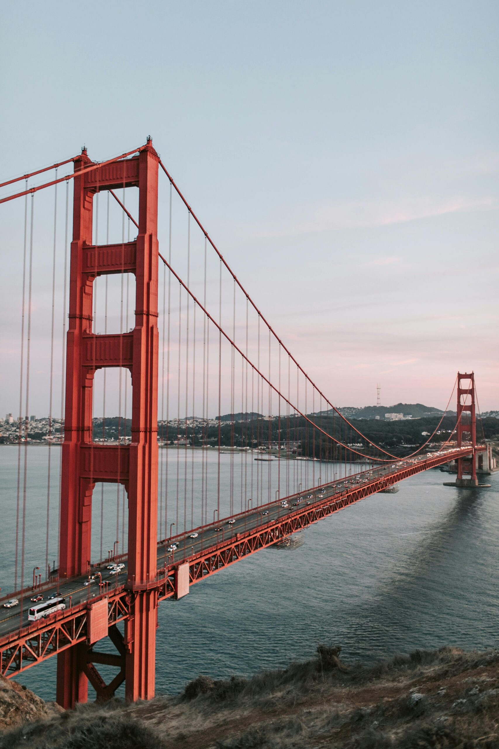 Sunset view of the iconic Golden Gate Bridge, capturing its stunning architecture and vibrant colors.